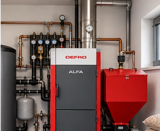 Kotły na pellet Stargard – wizualizacja kotła na pellet i instalacji hydraulicznej
